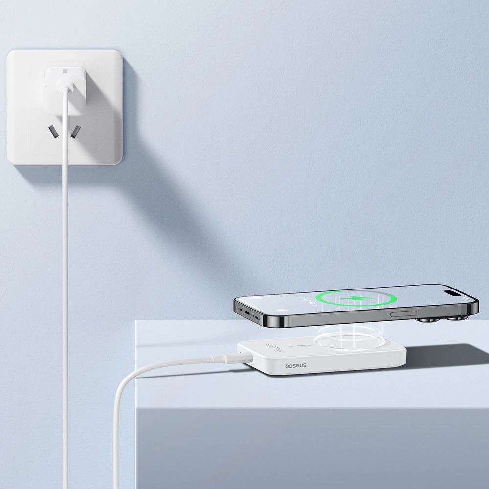Baseus Magnetic Wireless Charging - magnetyczny powerbank kompatybilny z MagSafe 6000mAh 20W USB-C, + kabel USB Typ C 20W, ok 36 cm. Biały.